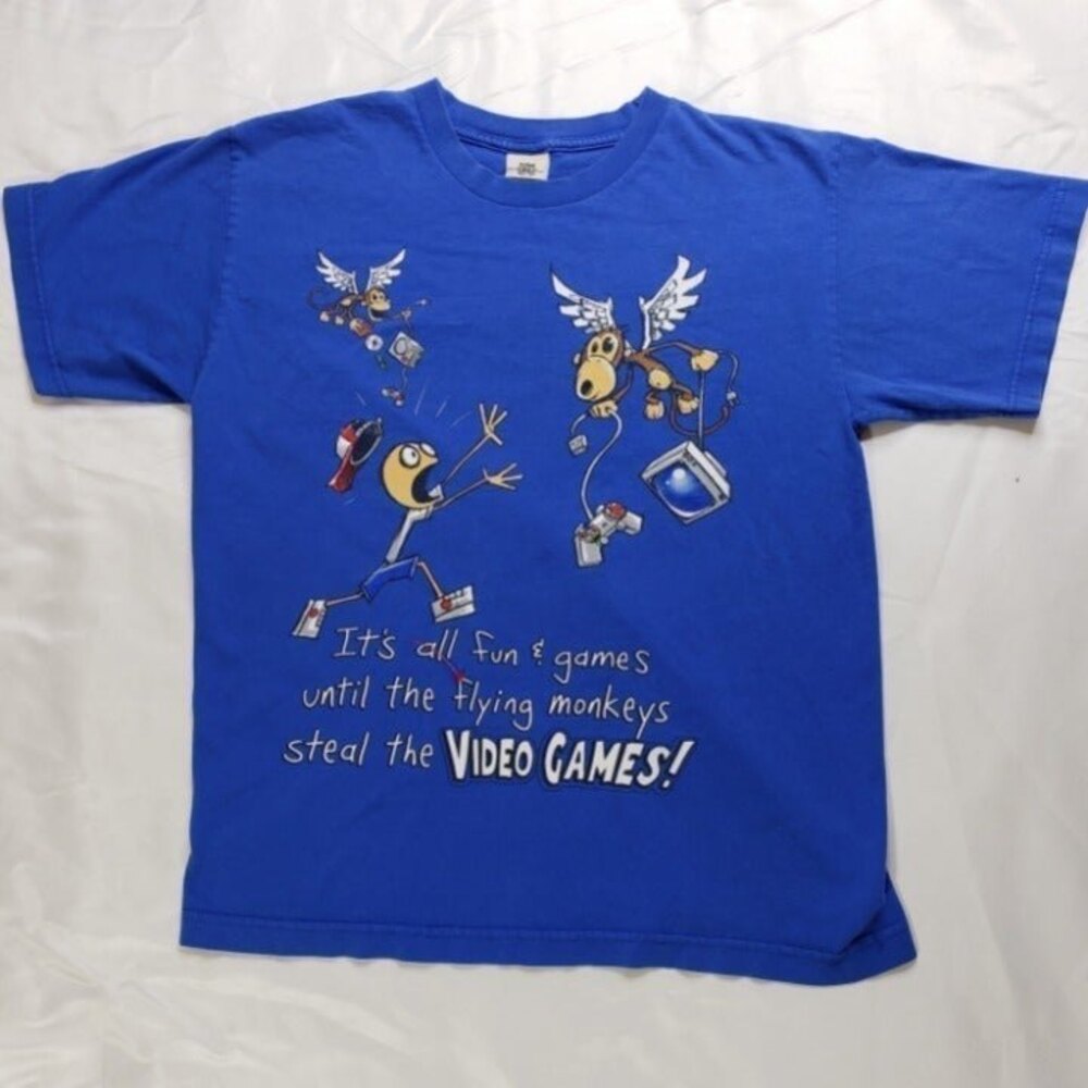 Video Game Graphic T Shirt Flying Monkeys Blue Cotton SS Size M-L